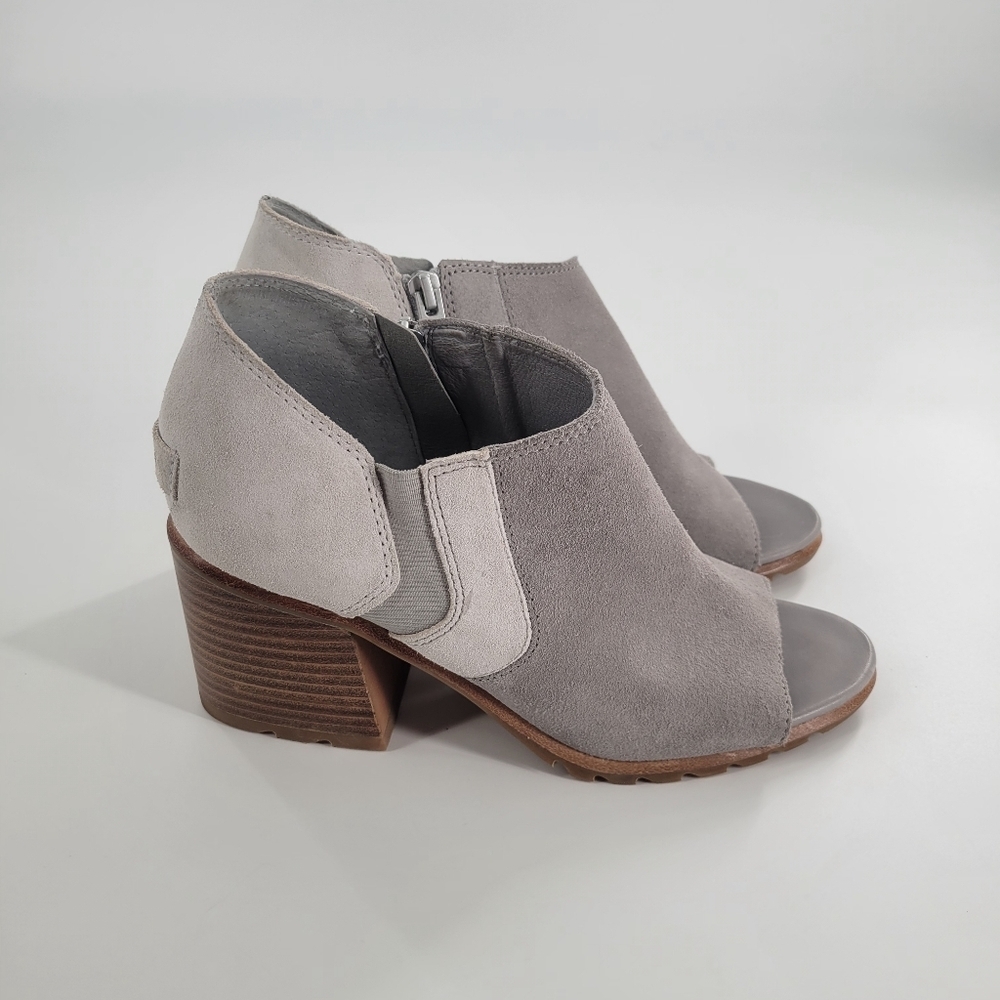 Sorel Gray Suede Peep Toe Heeled Nadia Ankle Boot Size 8.5